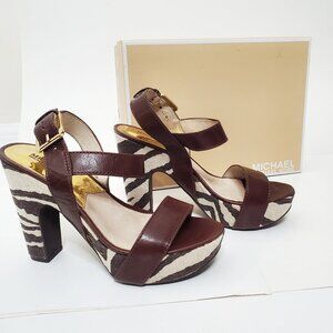 Michael Kors Brown Leather Sandal Platform Zebra Print with Box Size 8